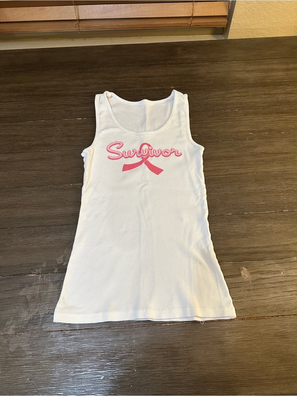 White Tank Top with Pink Breast Cancer "Survivor" Ribbon Graphic Sm/Med